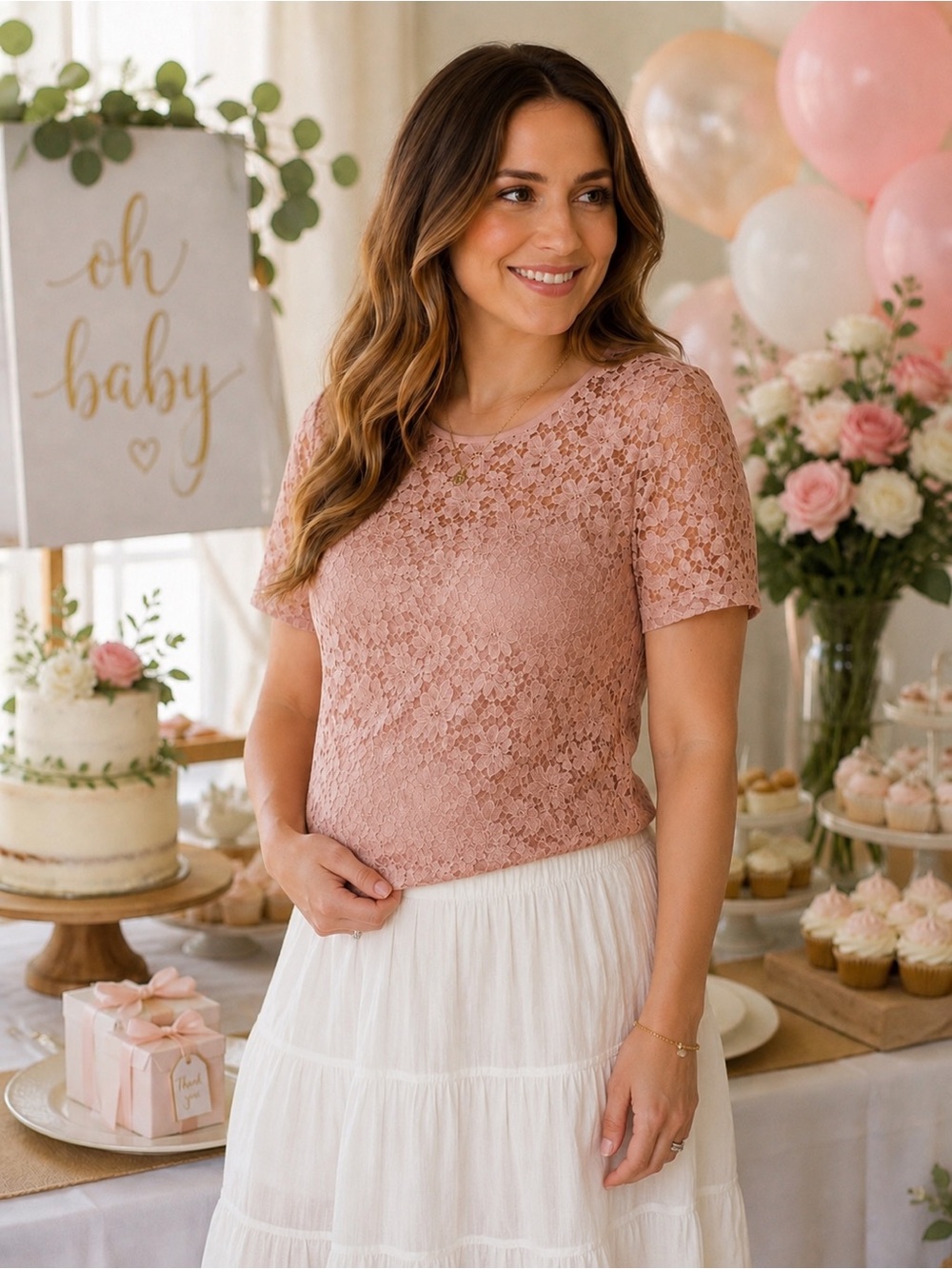 A Pea in the Pod Blush Pink Maternity‎ top. Short Sleeve, Floral Lace. Size S/P